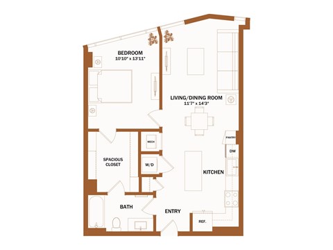 A floor plan of a house with a bedroom, living/dining room, kitchen, bath, and entry.